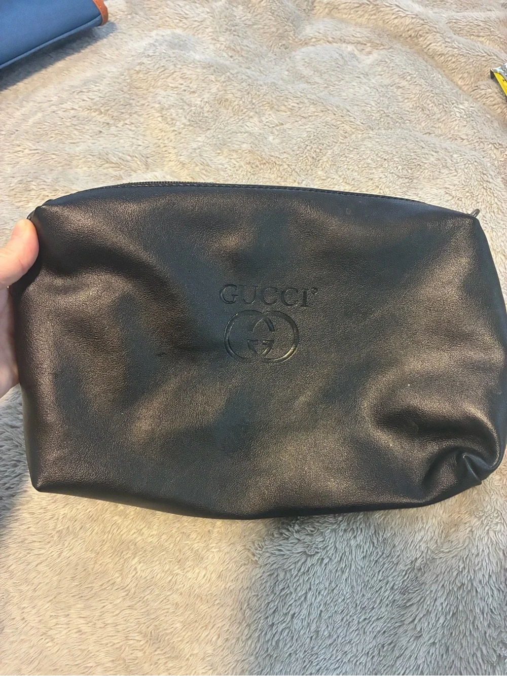 Black Leather Pouch - Men's Travel & Toiletry Bag with Gucci Logo front